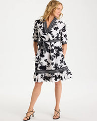 Chico's | Floral Cotton-Linen Belted Dress/ Black