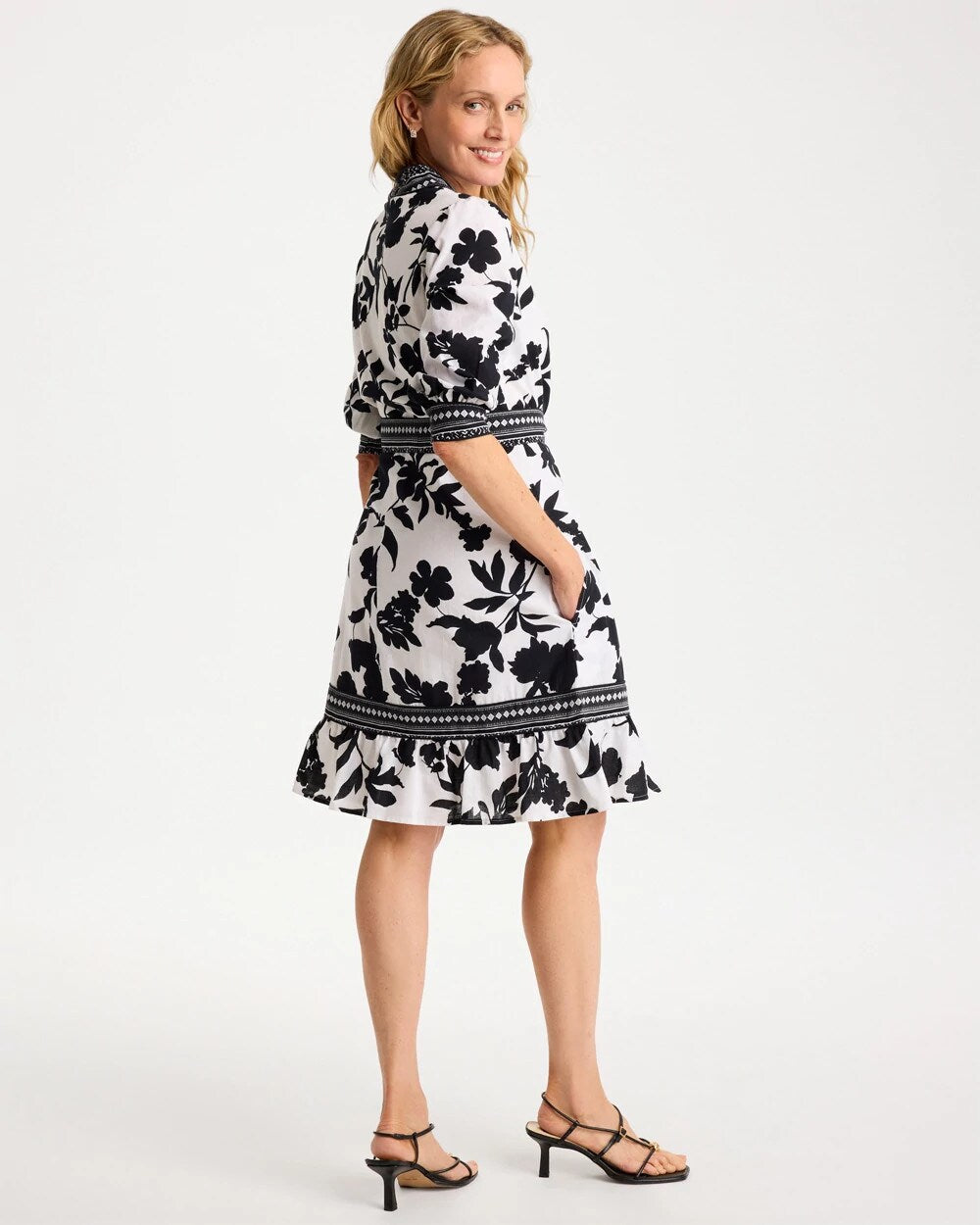 Chico's | Floral Cotton-Linen Belted Dress/ Black