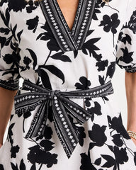Chico's | Floral Cotton-Linen Belted Dress/ Black
