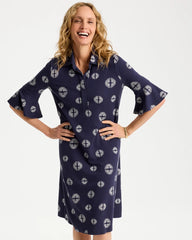 Chico's | Printed Ponte Flounce Sleeve Dress/ Passport Blue