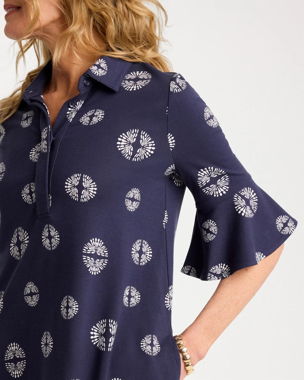 Chico's | Printed Ponte Flounce Sleeve Dress/ Passport Blue
