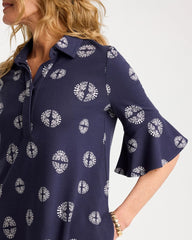 Chico's | Printed Ponte Flounce Sleeve Dress/ Passport Blue