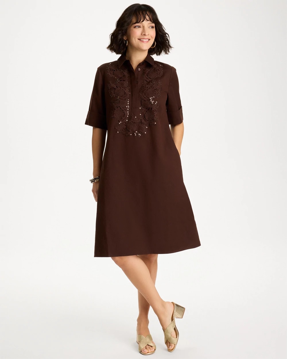 Chico's | Embellished Linen Popover Dress/ Deep Brown