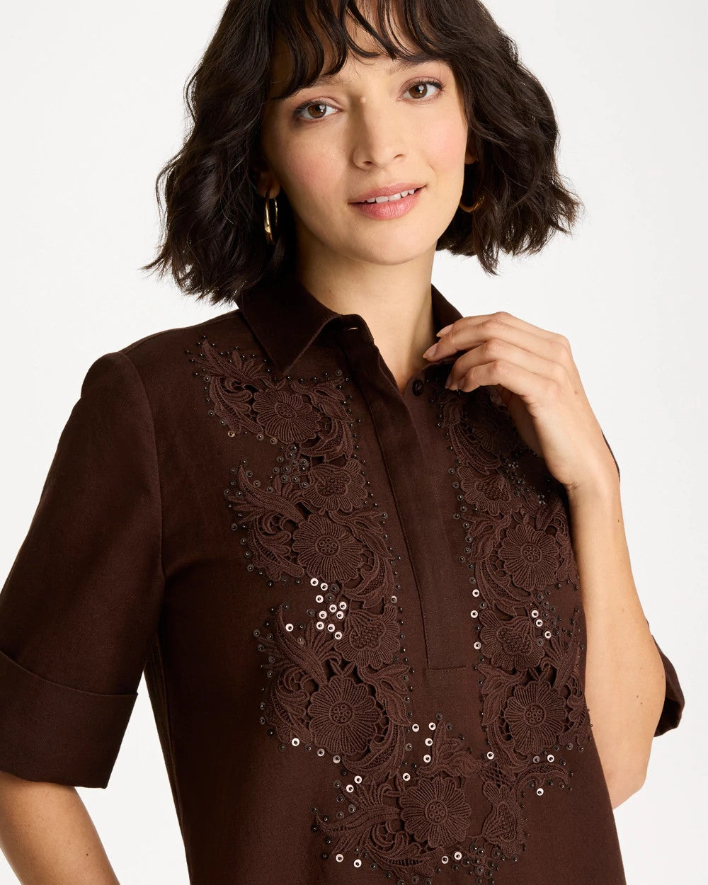 Chico's | Embellished Linen Popover Dress/ Deep Brown
