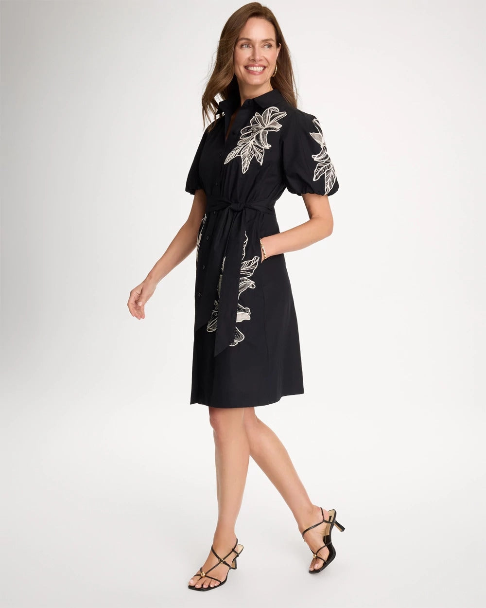 Chico's | Embroidered Poplin Cotton Belted Dress/ Black