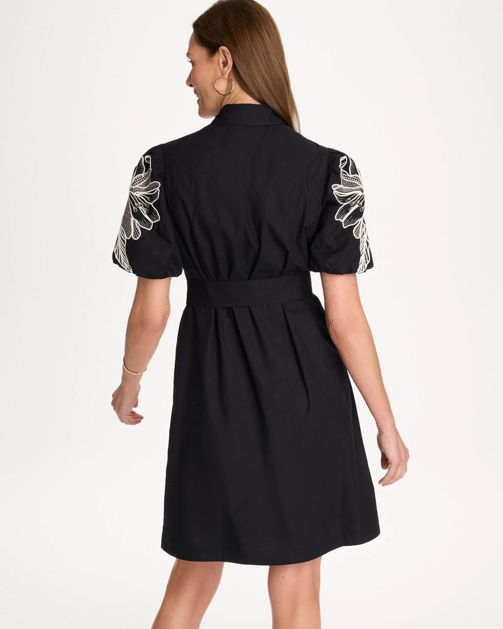 Chico's | Embroidered Poplin Cotton Belted Dress/ Black
