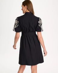 Chico's | Embroidered Poplin Cotton Belted Dress/ Black