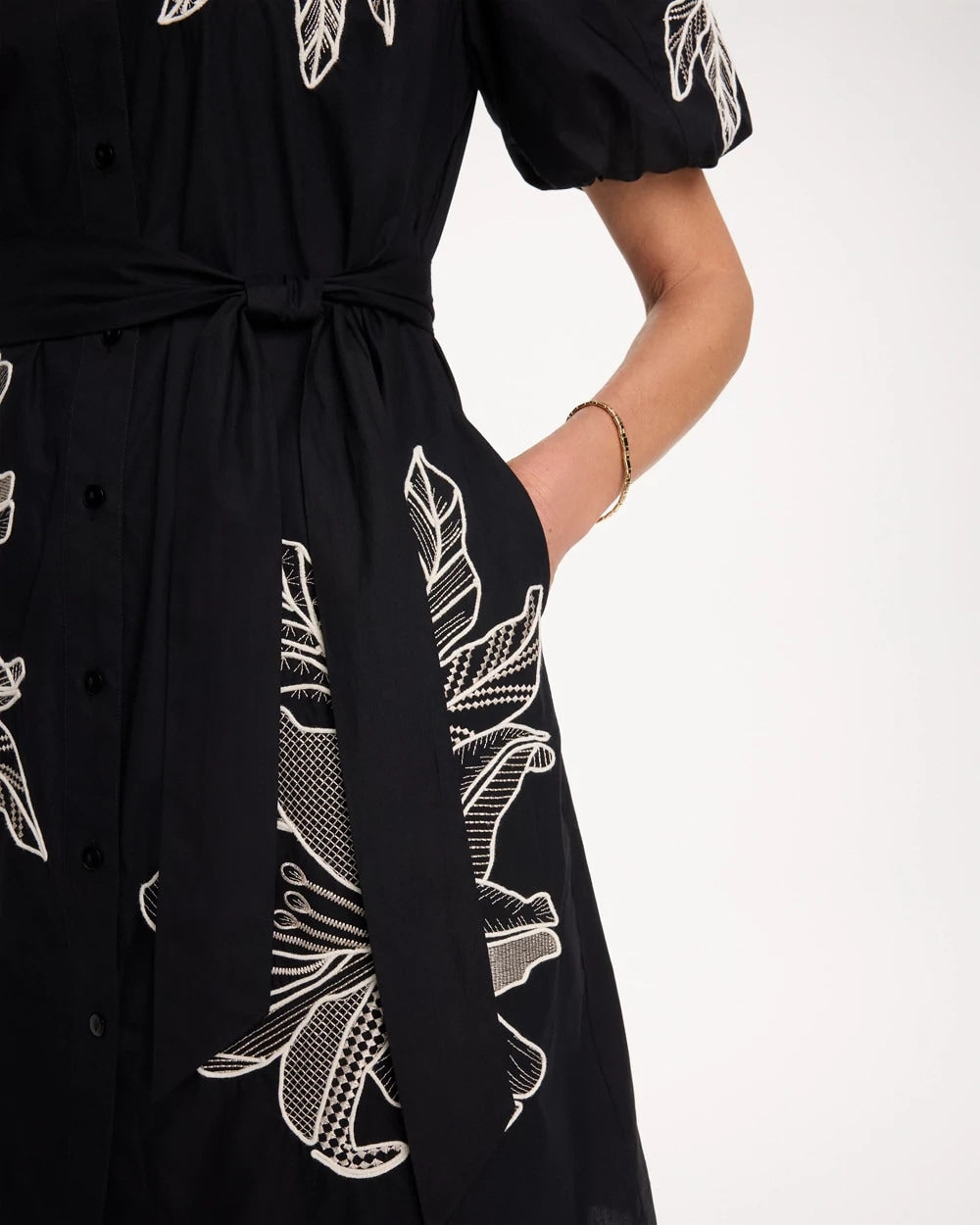 Chico's | Embroidered Poplin Cotton Belted Dress/ Black
