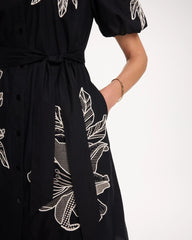 Chico's | Embroidered Poplin Cotton Belted Dress/ Black