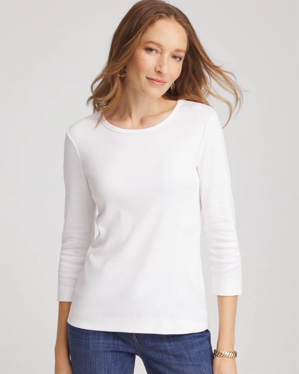 Chico's | Pima Cotton Crewneck Button Tee/ Alabaster