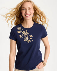 Chico's | Cotton Stretch Cap Sleeve Embroidered Tee/ Passport Blue