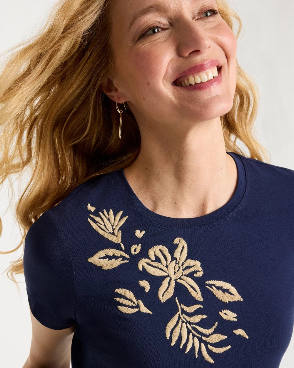 Chico's | Cotton Stretch Cap Sleeve Embroidered Tee/ Passport Blue