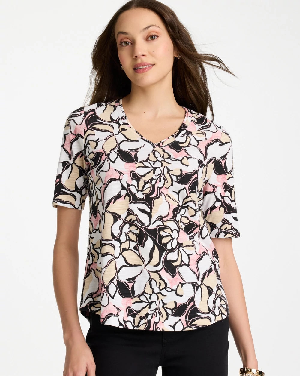 Chico's | Printed Cotton Slub V-Neck Tee/ Black