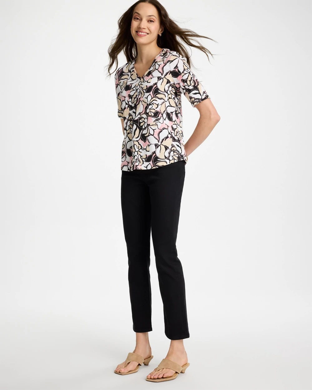 Chico's | Printed Cotton Slub V-Neck Tee/ Black