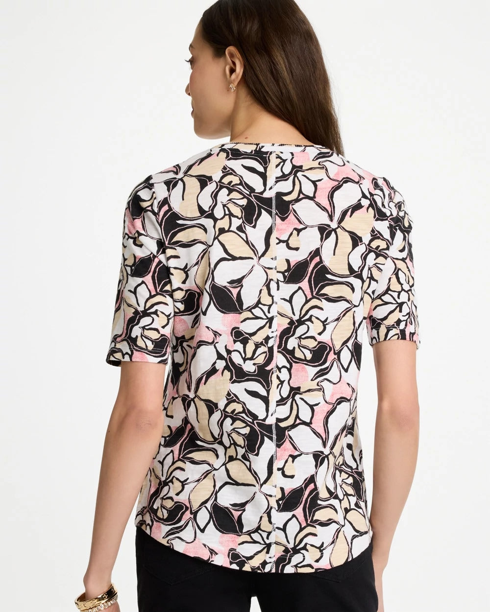 Chico's | Printed Cotton Slub V-Neck Tee/ Black