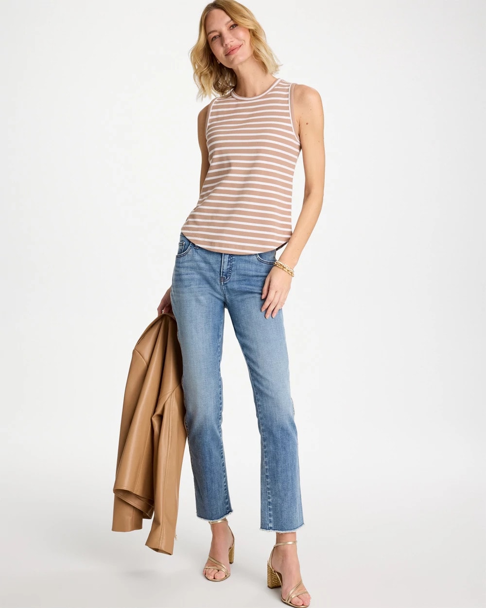 Chico's | Striped High Neck Rib Tank/ Cattail Brown
