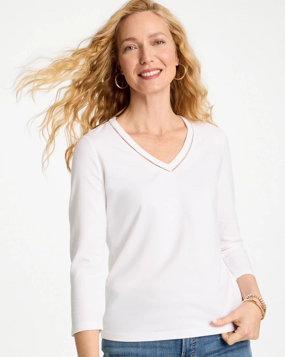Chico's | Trim Detail Cotton Stretch 3/4 Sleeve Tee/ Alabaster