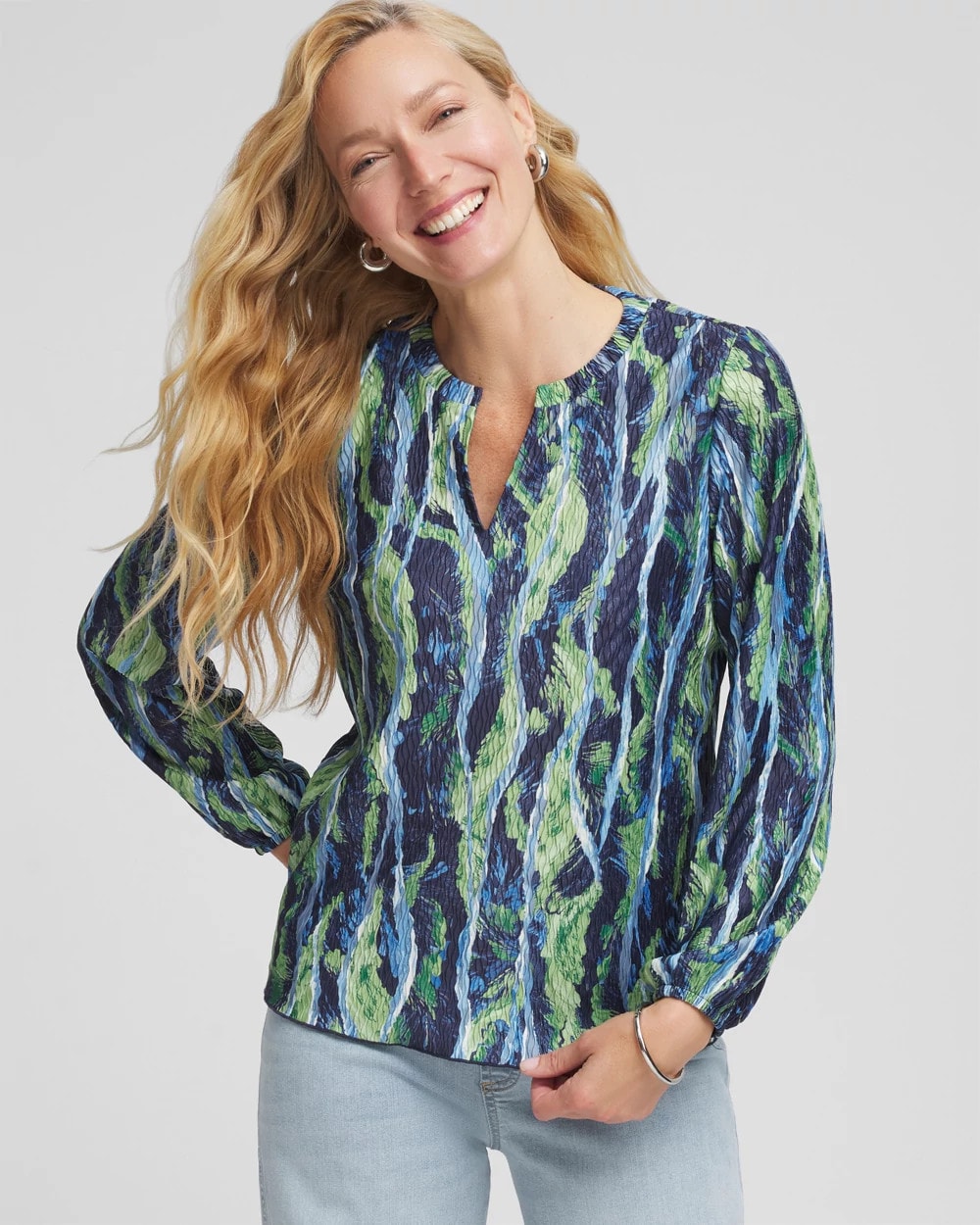 Chico's | Ocean Plume Crinkle Top/ Passport Blue