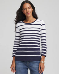 Chico's | Pima Striped Button Sleeve Tee/ Passport Blue
