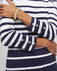 Chico's | Pima Striped Button Sleeve Tee/ Passport Blue