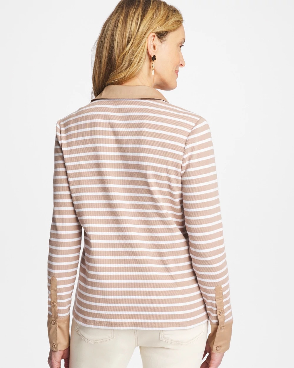 Chico's | Striped Collared Rib Mix Henley/ Cattail Brown