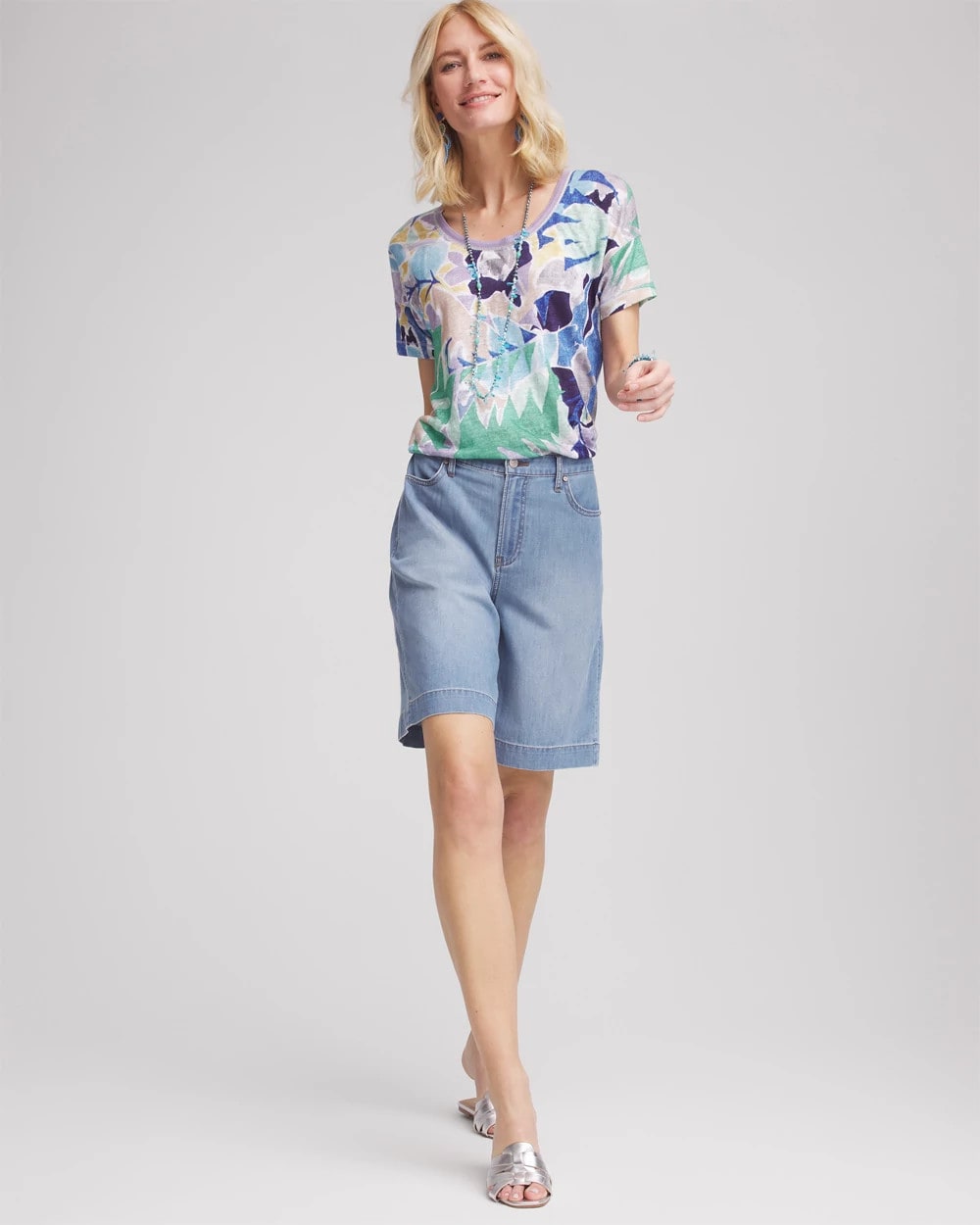 Chico's | Tropical Nights Sweater-Trim Linen Tee/ Blue Casa