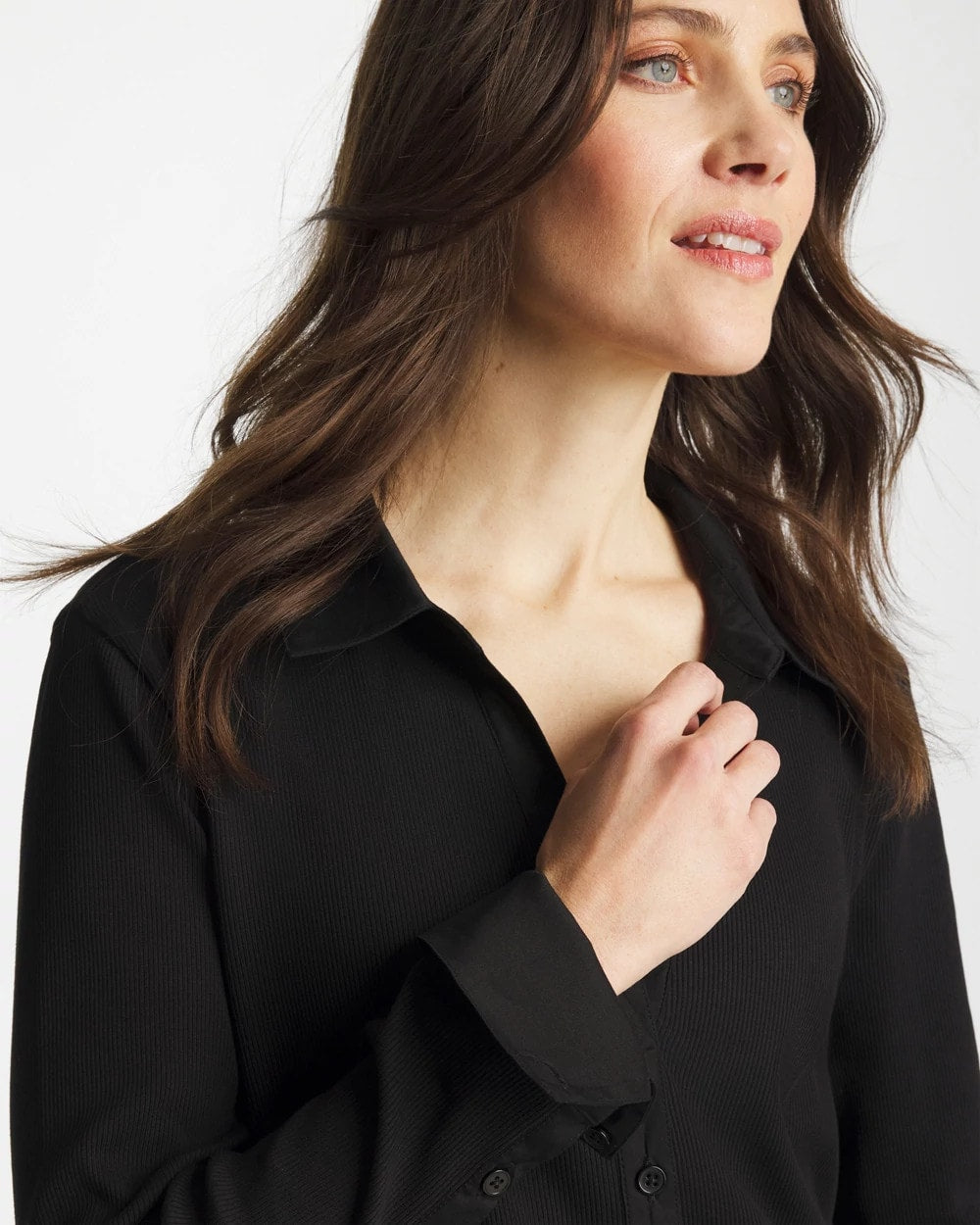 Chico's | Collared Rib Mix Henley/ Black