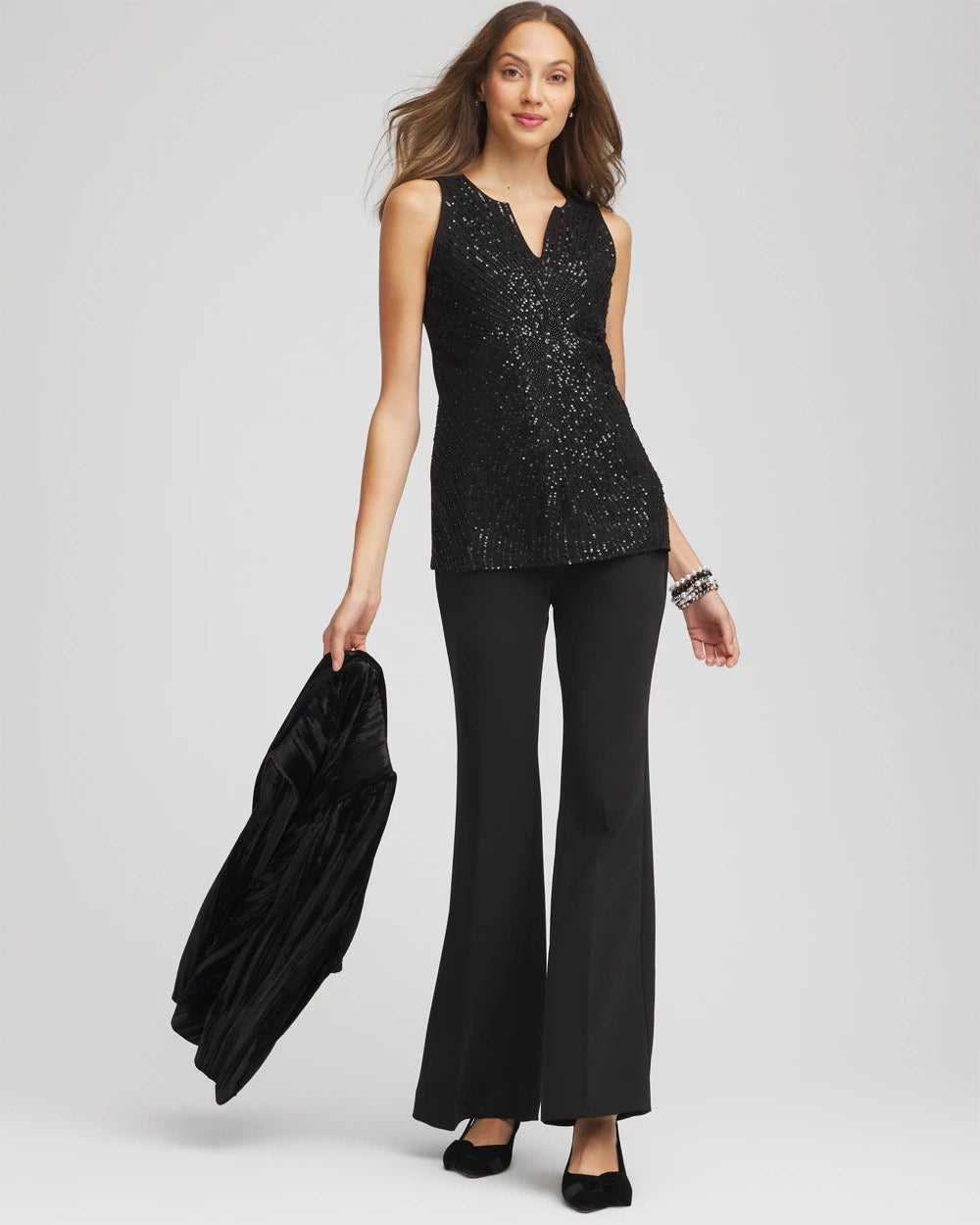 Chico's | Sequin Beaded Notch Neck Tank/ Black