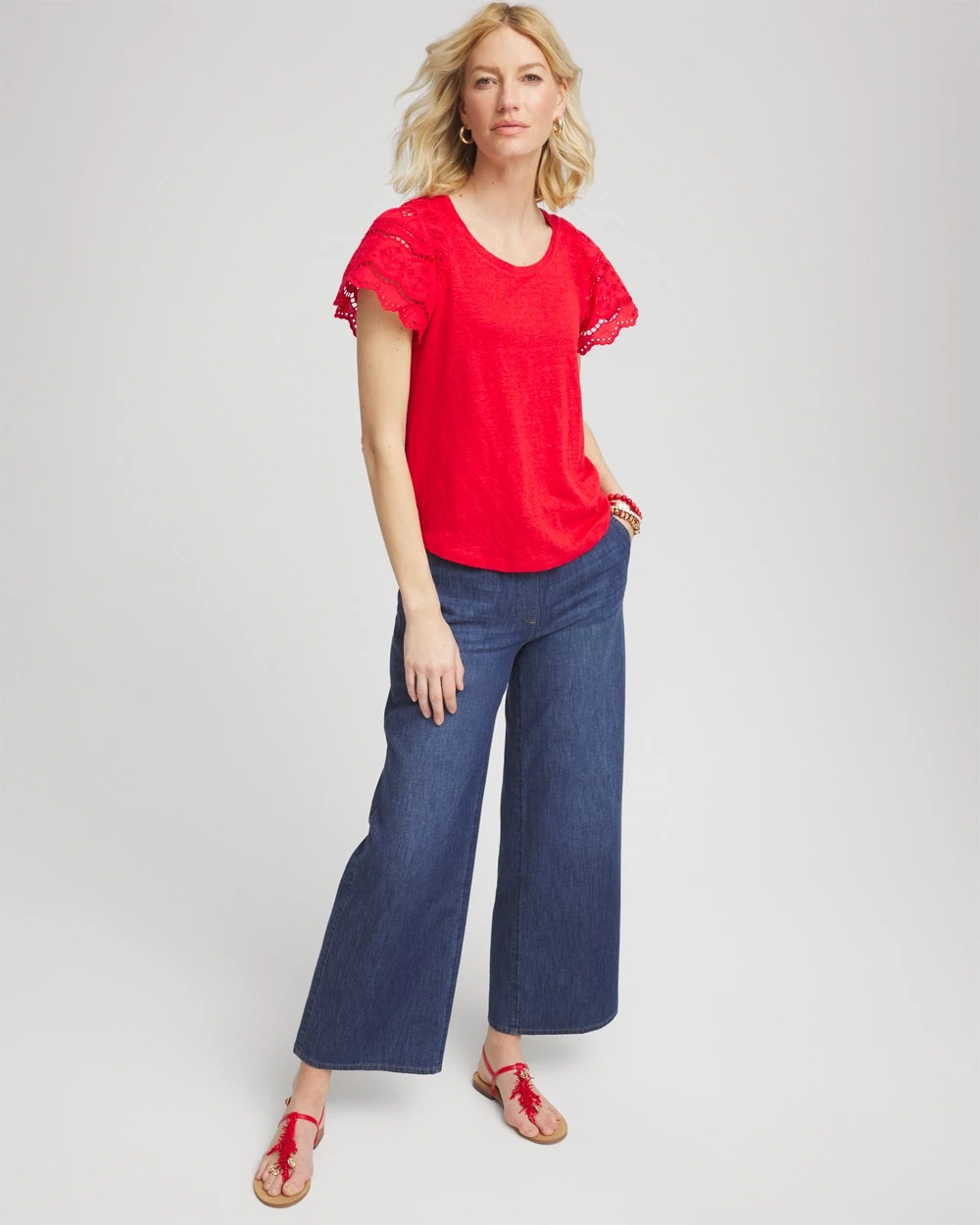 Chico's | Linen Embroidered Lace Tee/ Red Glow