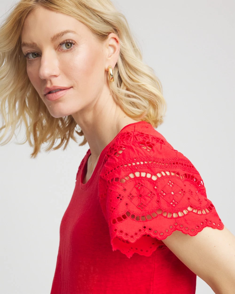 Chico's | Linen Embroidered Lace Tee/ Red Glow