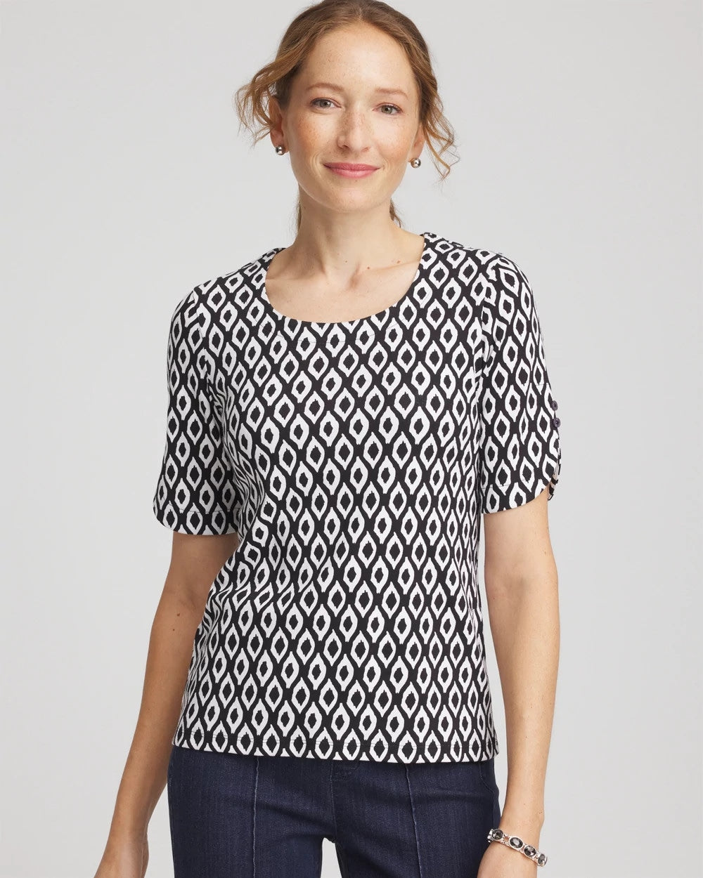 Chico's | Printed Pima Elbow Sleeve Tee/ Black