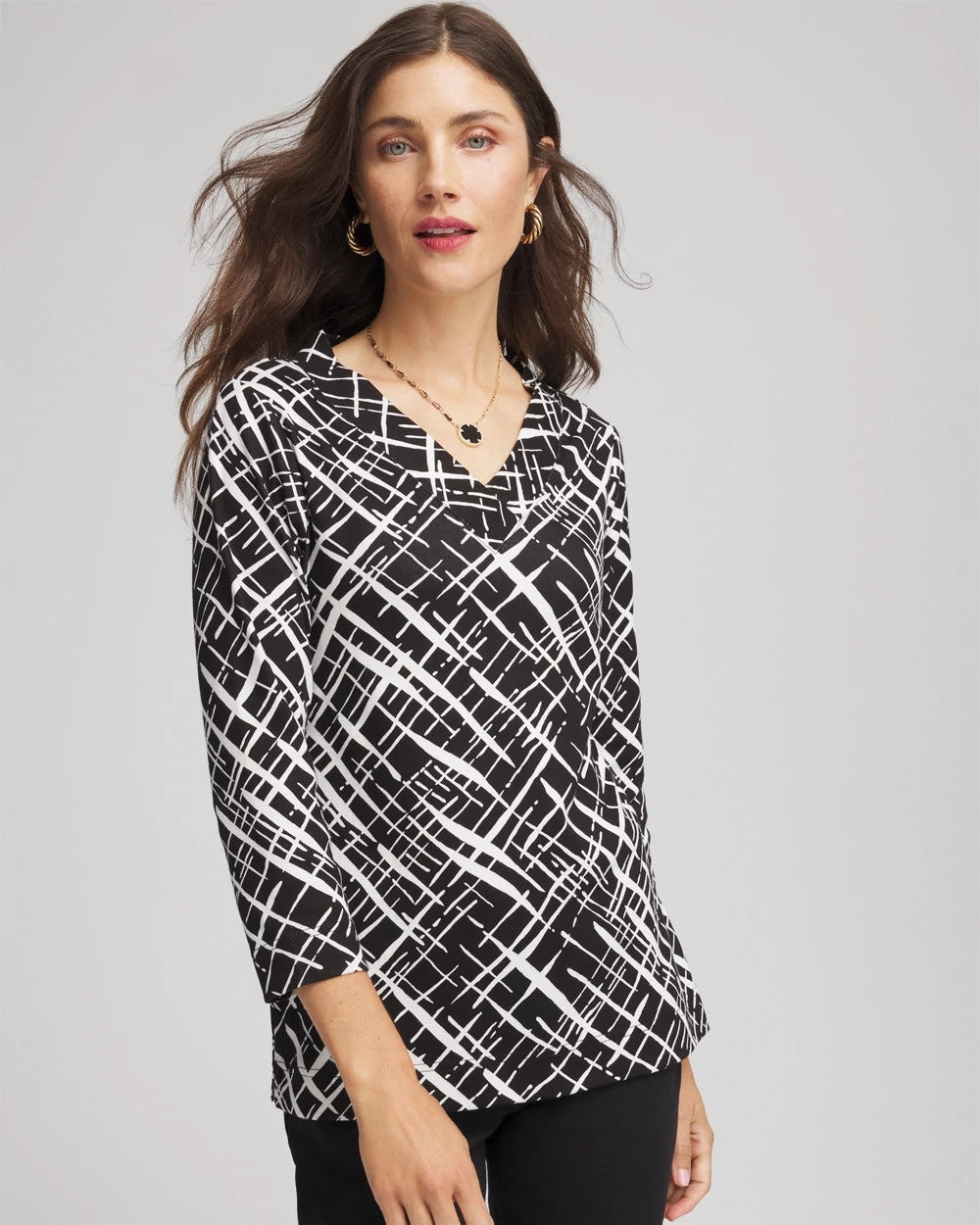 Chico's | Printed Pima 3/4 Sleeve Tee/ Black