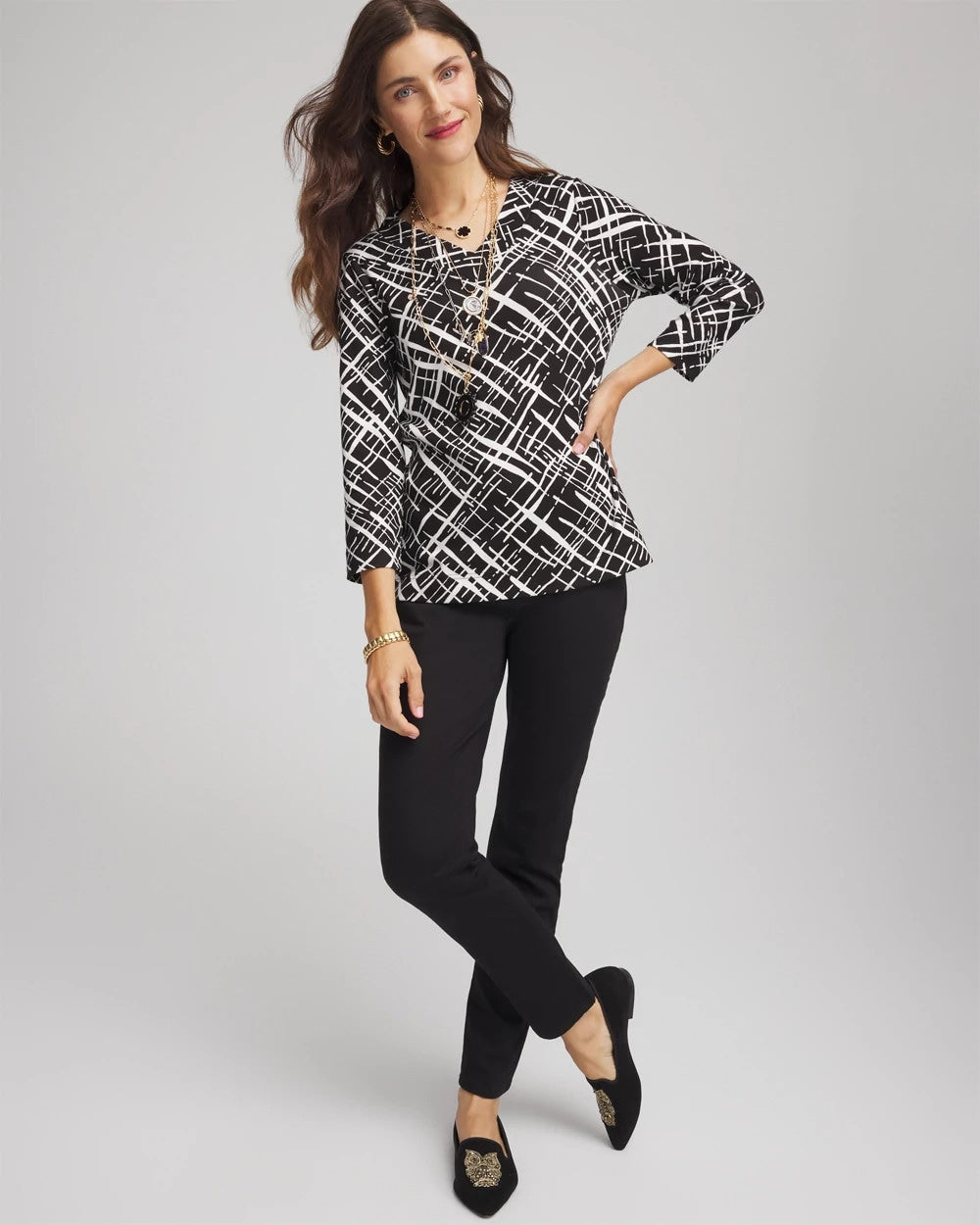 Chico's | Printed Pima 3/4 Sleeve Tee/ Black