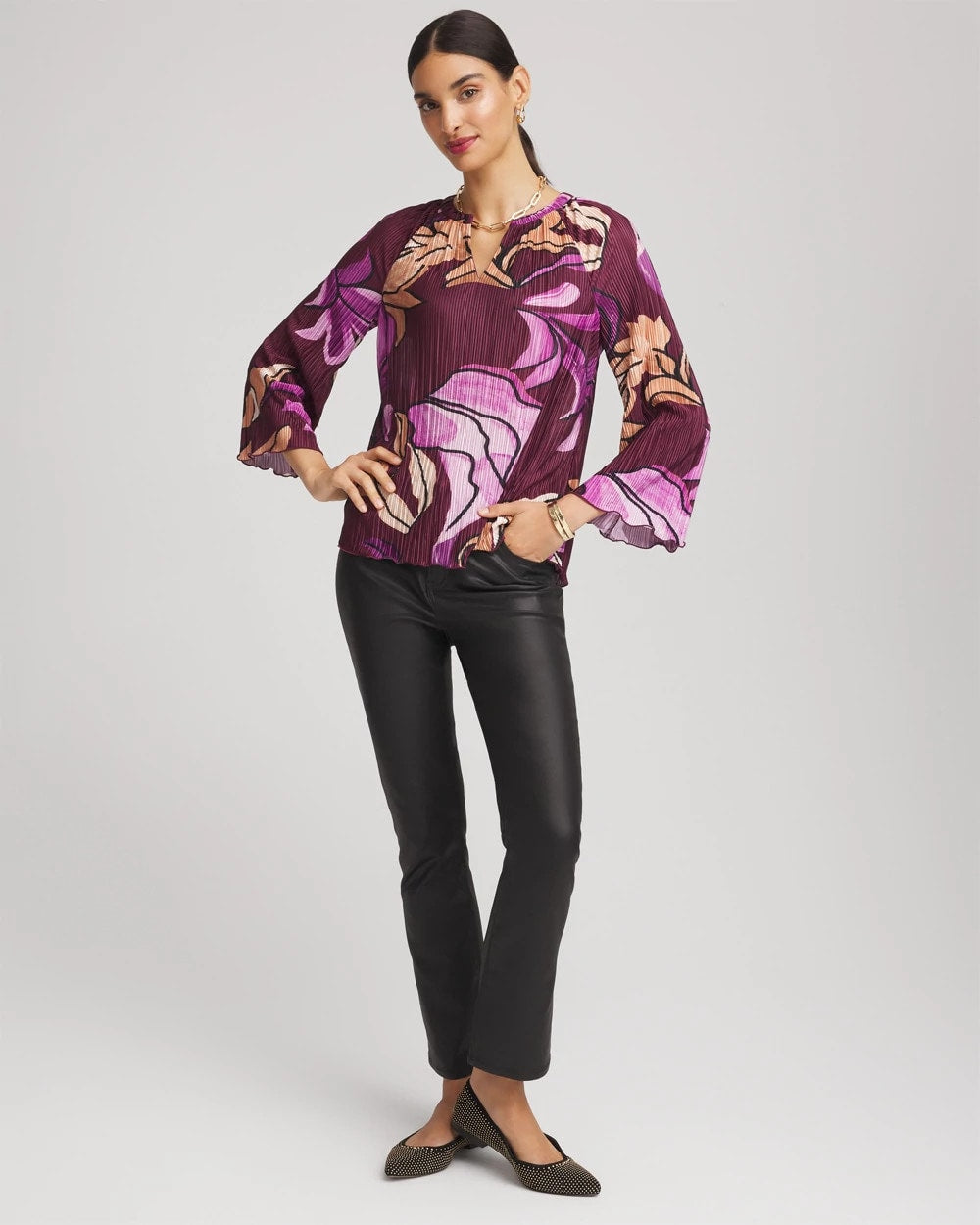 Chico's | Printed Pleated V-Neck Tee/ Deep Chianti
