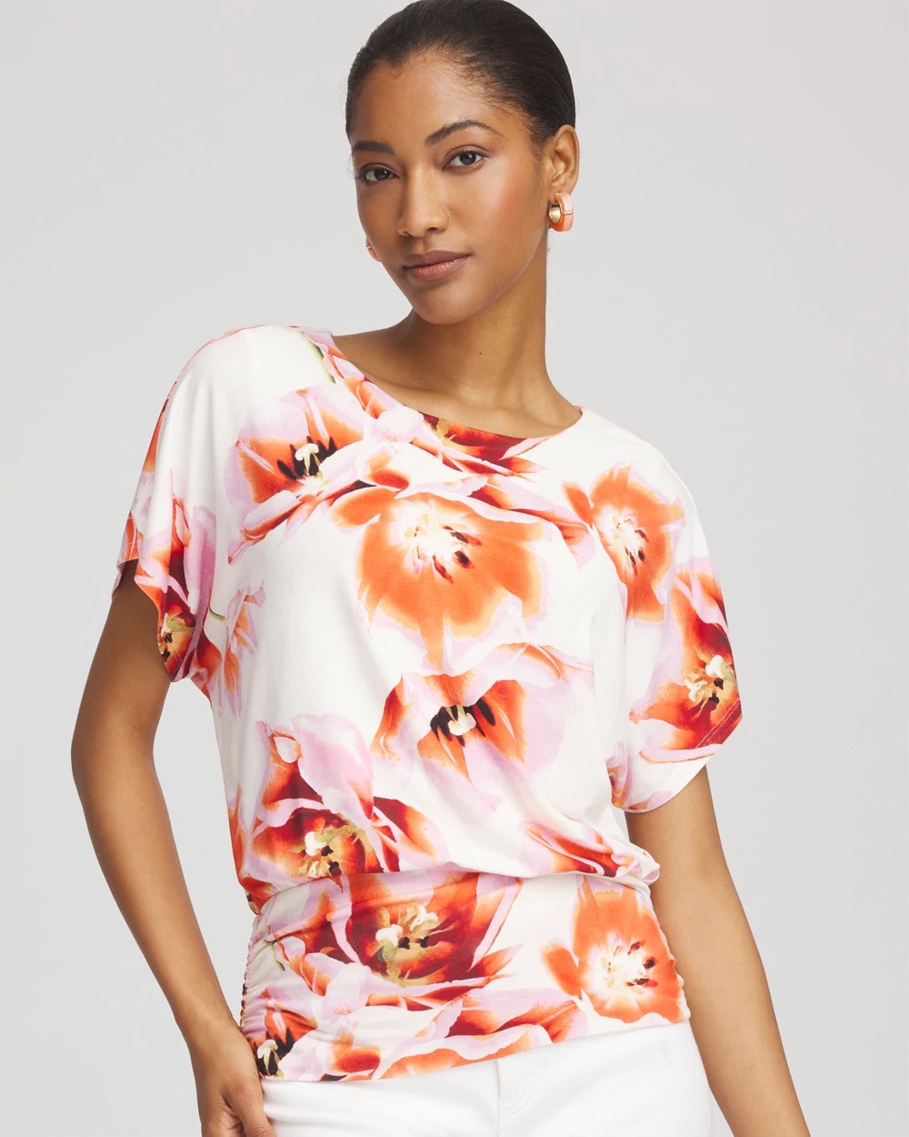 Chico's | Touch of Cool™ Tropical Ruched Banded Hem Top/ Orange Tango