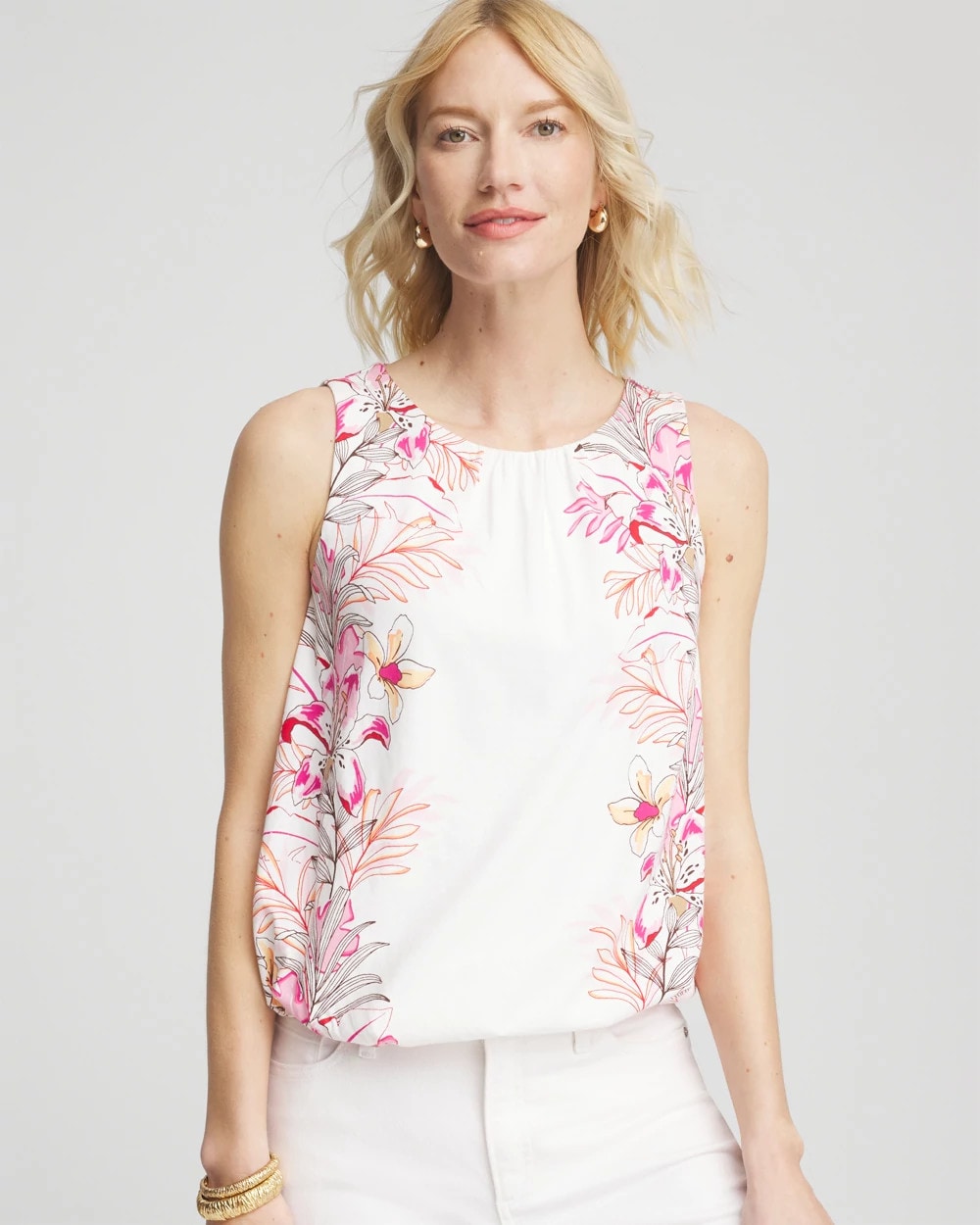 Chico's | Tropical Floral Bubble Hem Tee/ Alabaster