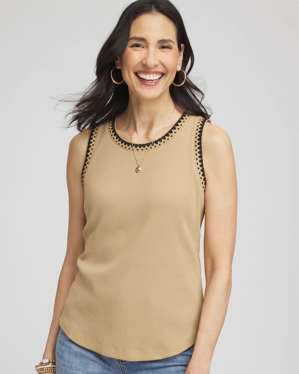 Chico's | Contrast-Trim Ribbed Cotton Tank Top/ Cafe Aroma