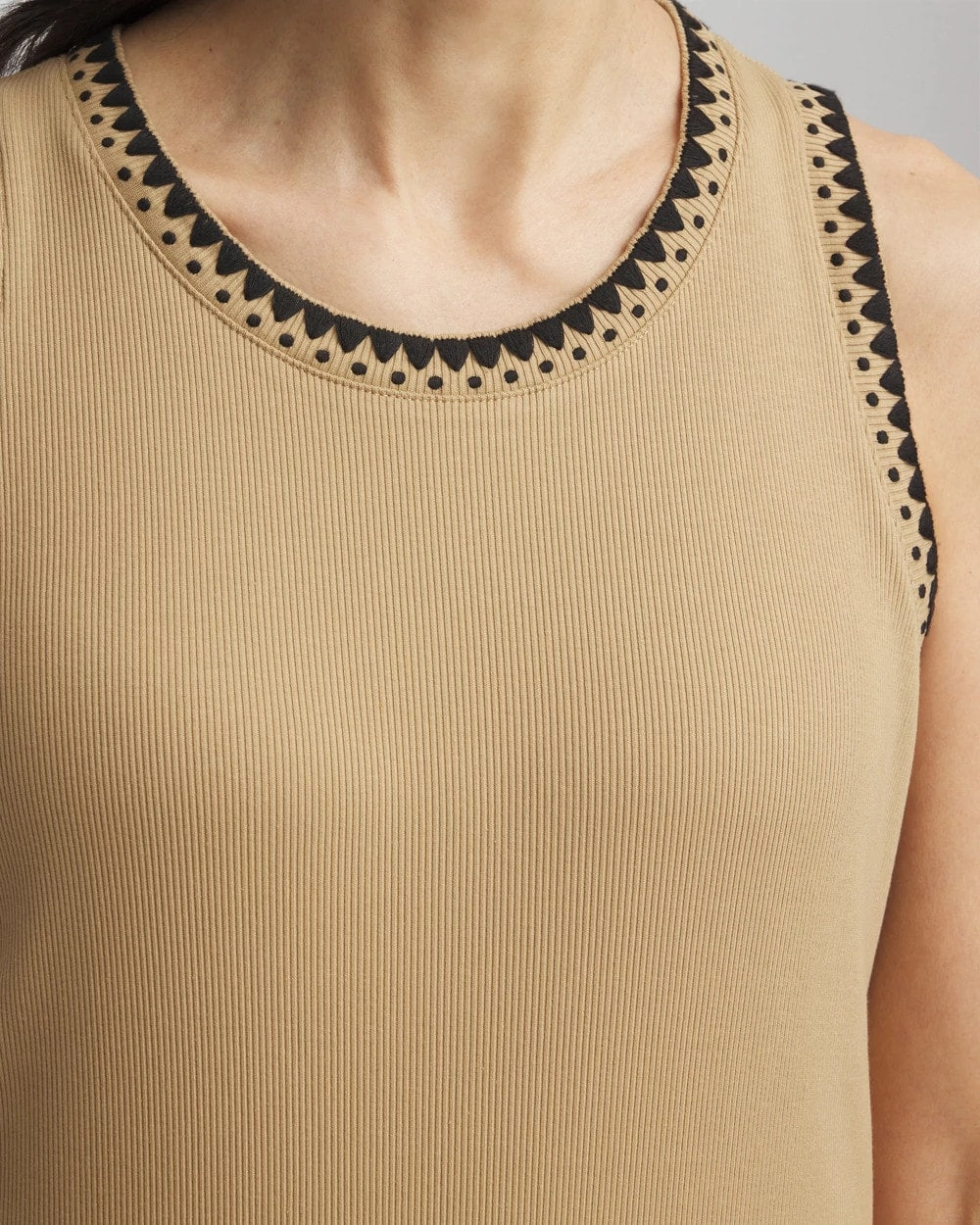 Chico's | Contrast-Trim Ribbed Cotton Tank Top/ Cafe Aroma