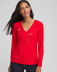Chico's | Embellished Heart V-Neck Tee/ Love Letter Red