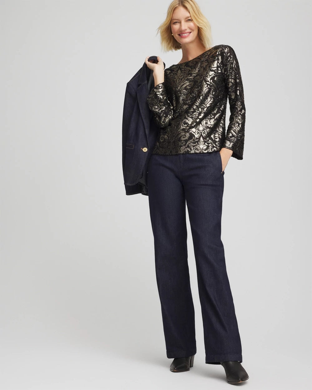 Chico's | Art Deco Burnout Jacquard Top/ Black