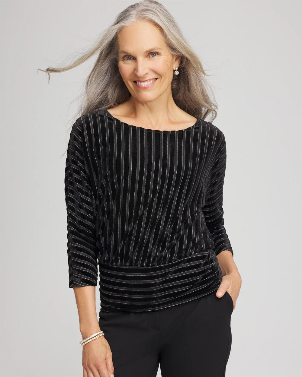 Chico's | Velvet Burnout Stripe Banded-Bottom Top/ Black