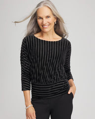 Chico's | Velvet Burnout Stripe Banded-Bottom Top/ Black