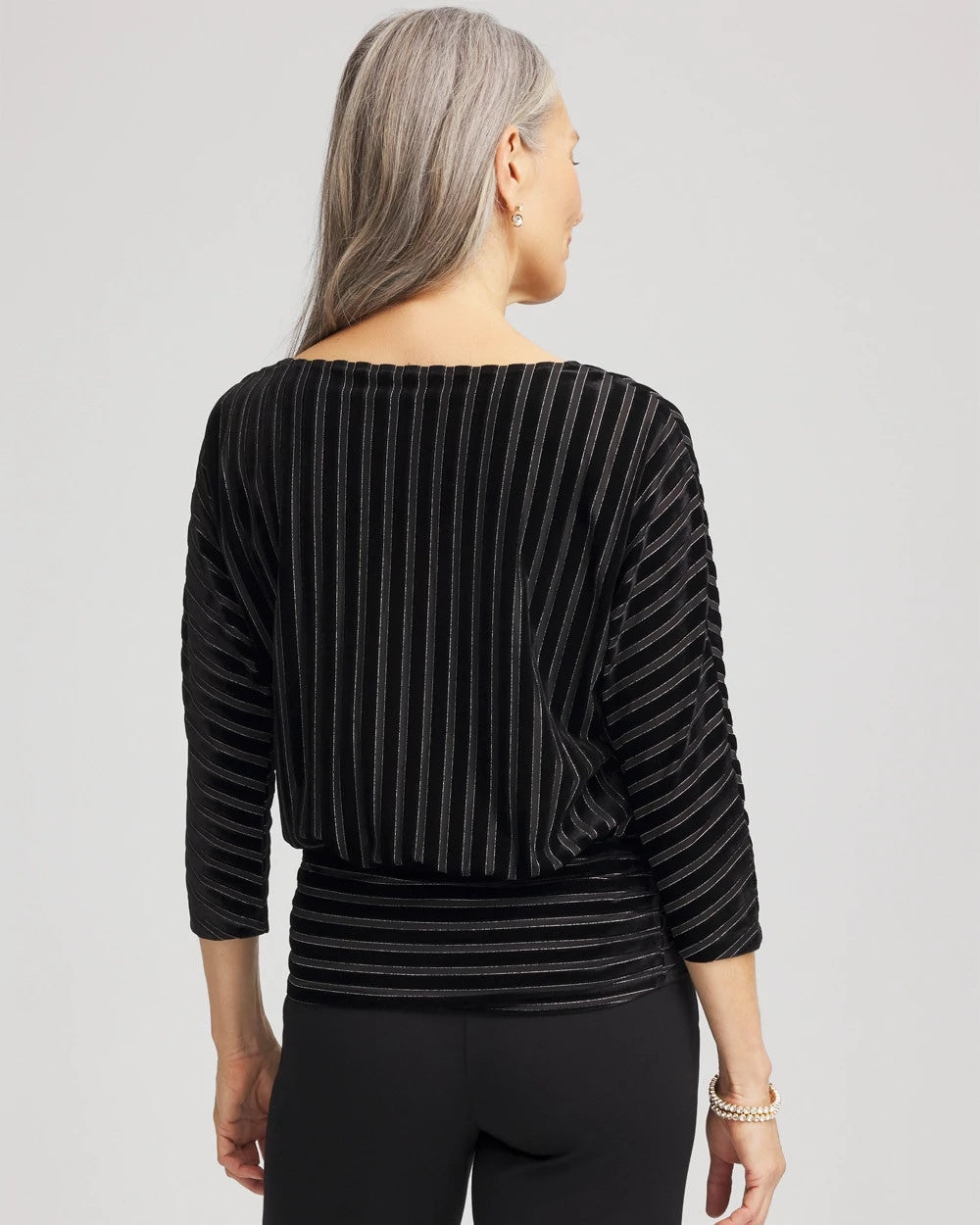 Chico's | Velvet Burnout Stripe Banded-Bottom Top/ Black