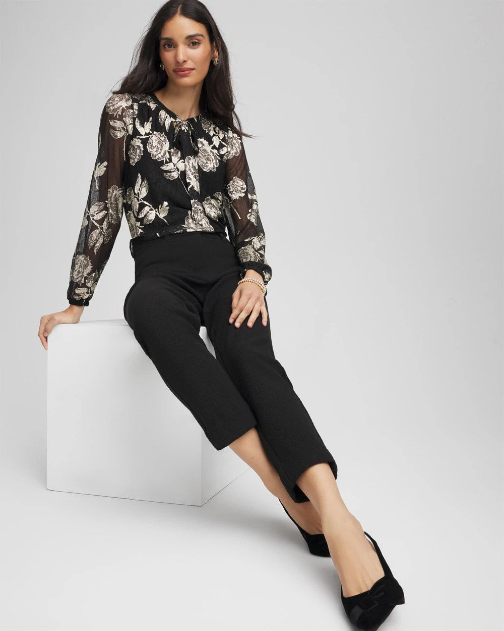 Chico's | Floral Metallic Bodre Top/ Black