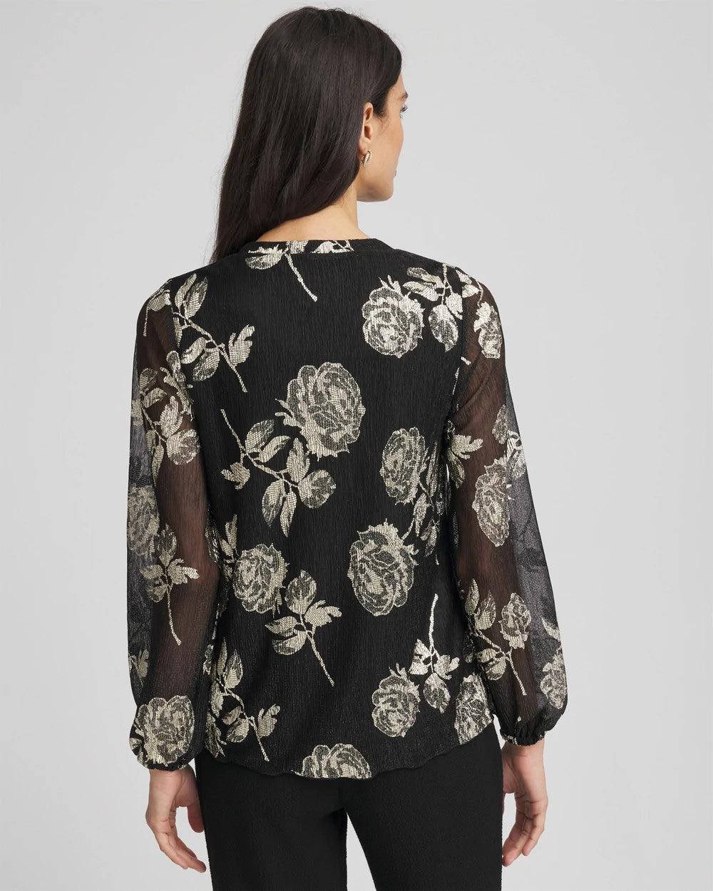 Chico's | Floral Metallic Bodre Top/ Black