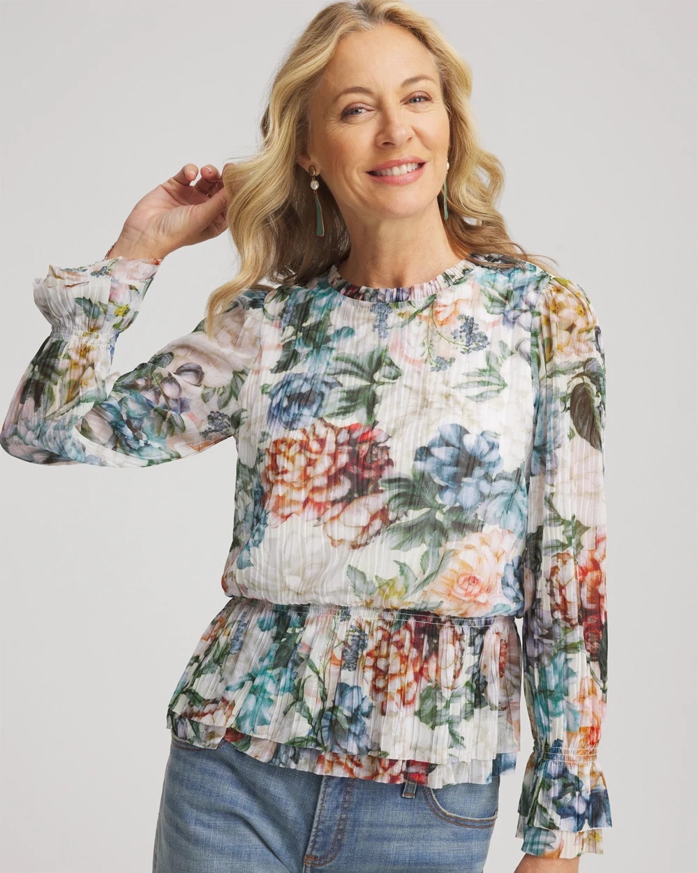 Chico's | Rose Print Crinkle Top/ Ecru