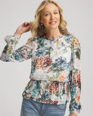 Chico's | Rose Print Crinkle Top/ Ecru