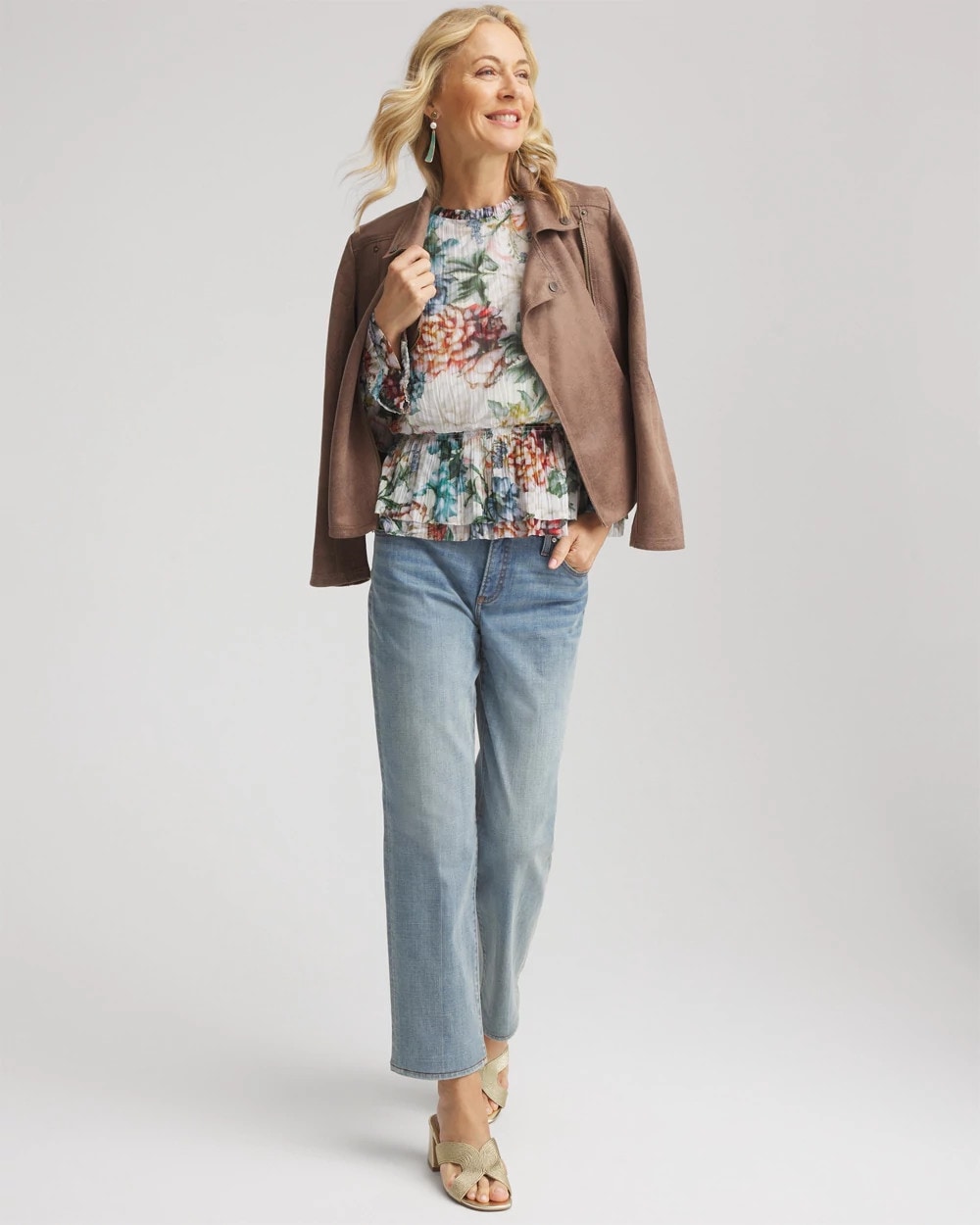 Chico's | Rose Print Crinkle Top/ Ecru
