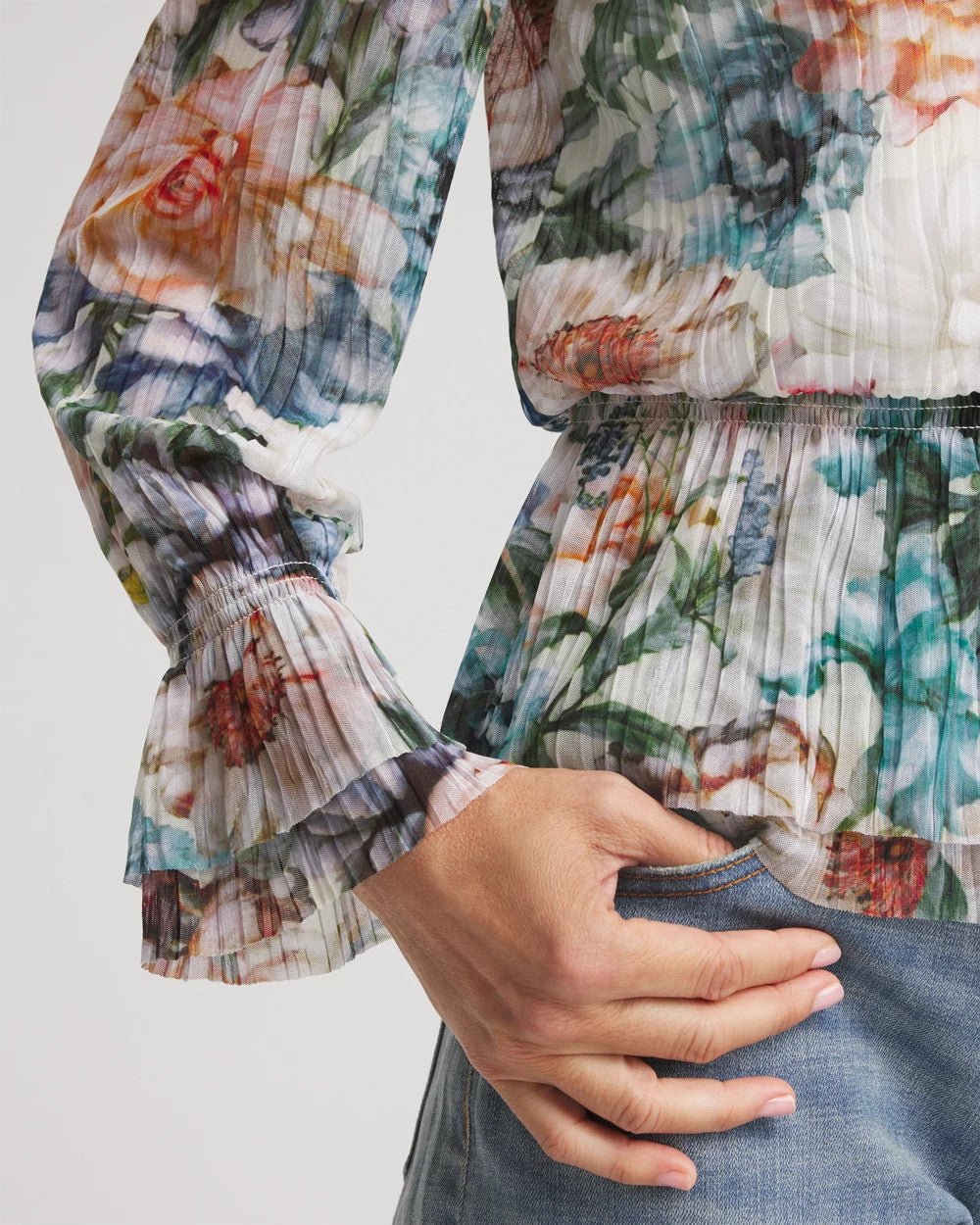 Chico's | Rose Print Crinkle Top/ Ecru