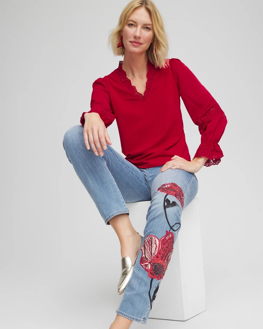 Chico's | Lace V-Neck Top/ Carmine Red